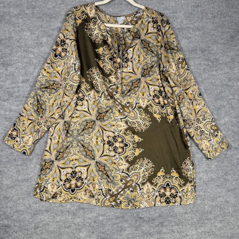 Chicos Size-3 /XL Tunic Top Paisley Medallion Green Gold Long Sleeve
